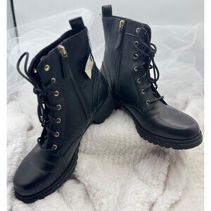 Cole Haan Camea Leather Combat Boots Black Side Zipper & Lace-Up Size 9B